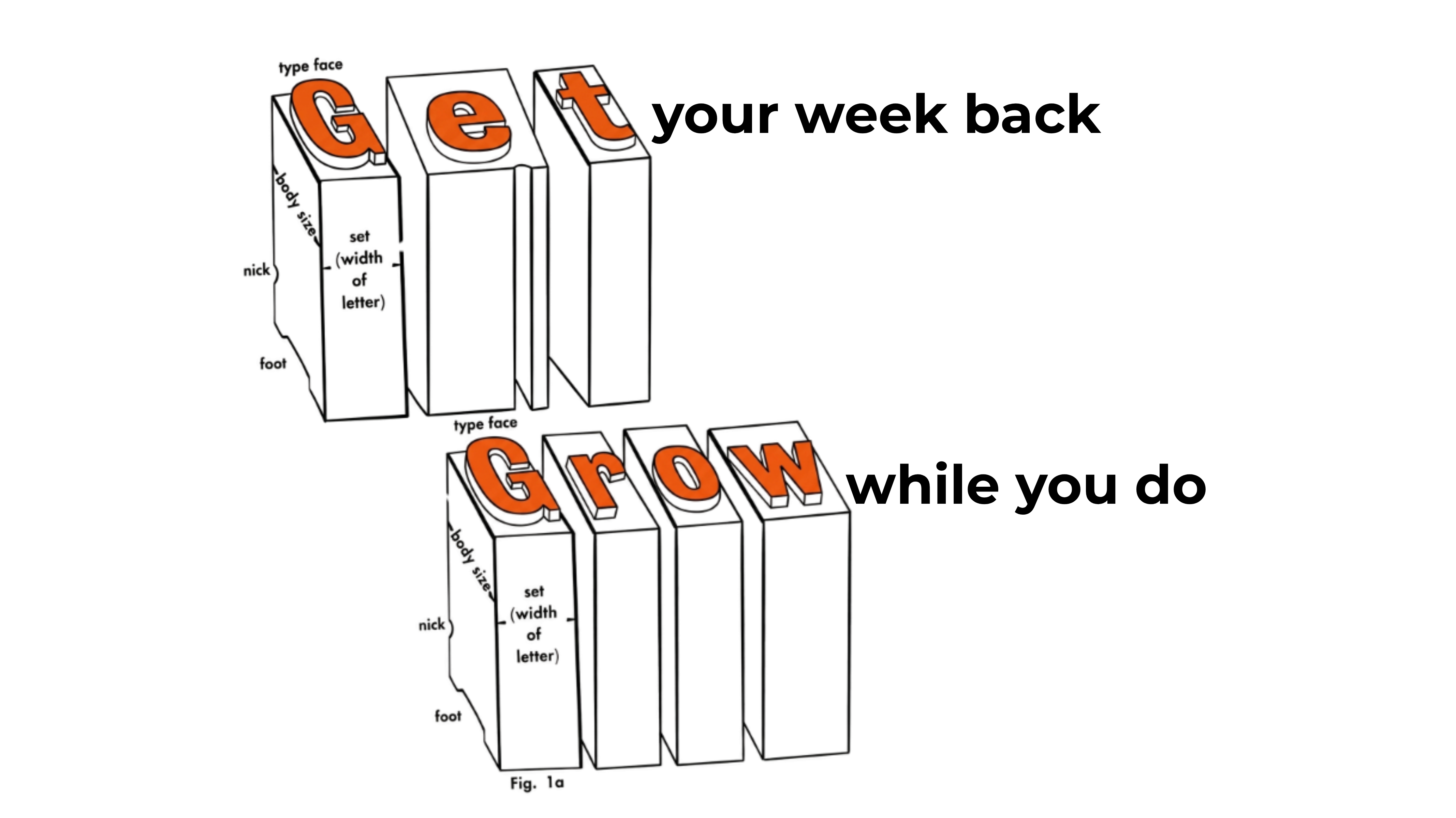 Get your week back, grow while you do, spelled in letterpress wood type printing blocks