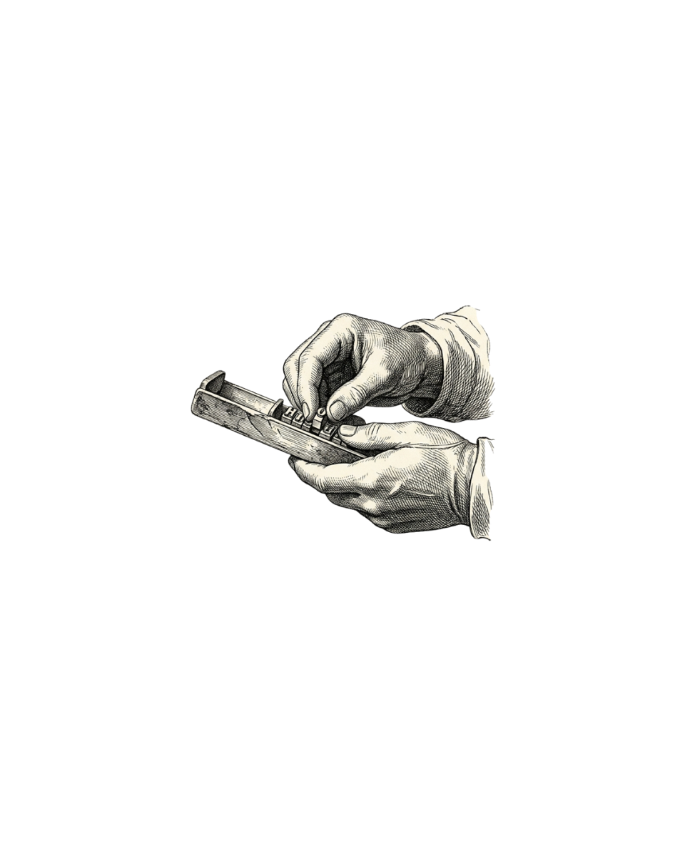 A composing stick, where type is set line by line before it ever meets paper