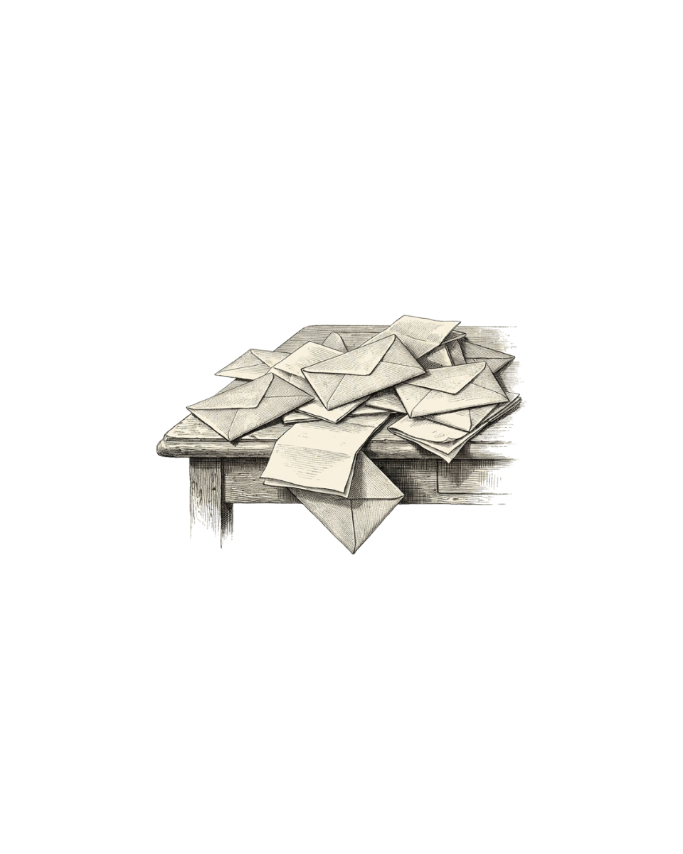 An engraving of letters and enquiries arriving at a desk